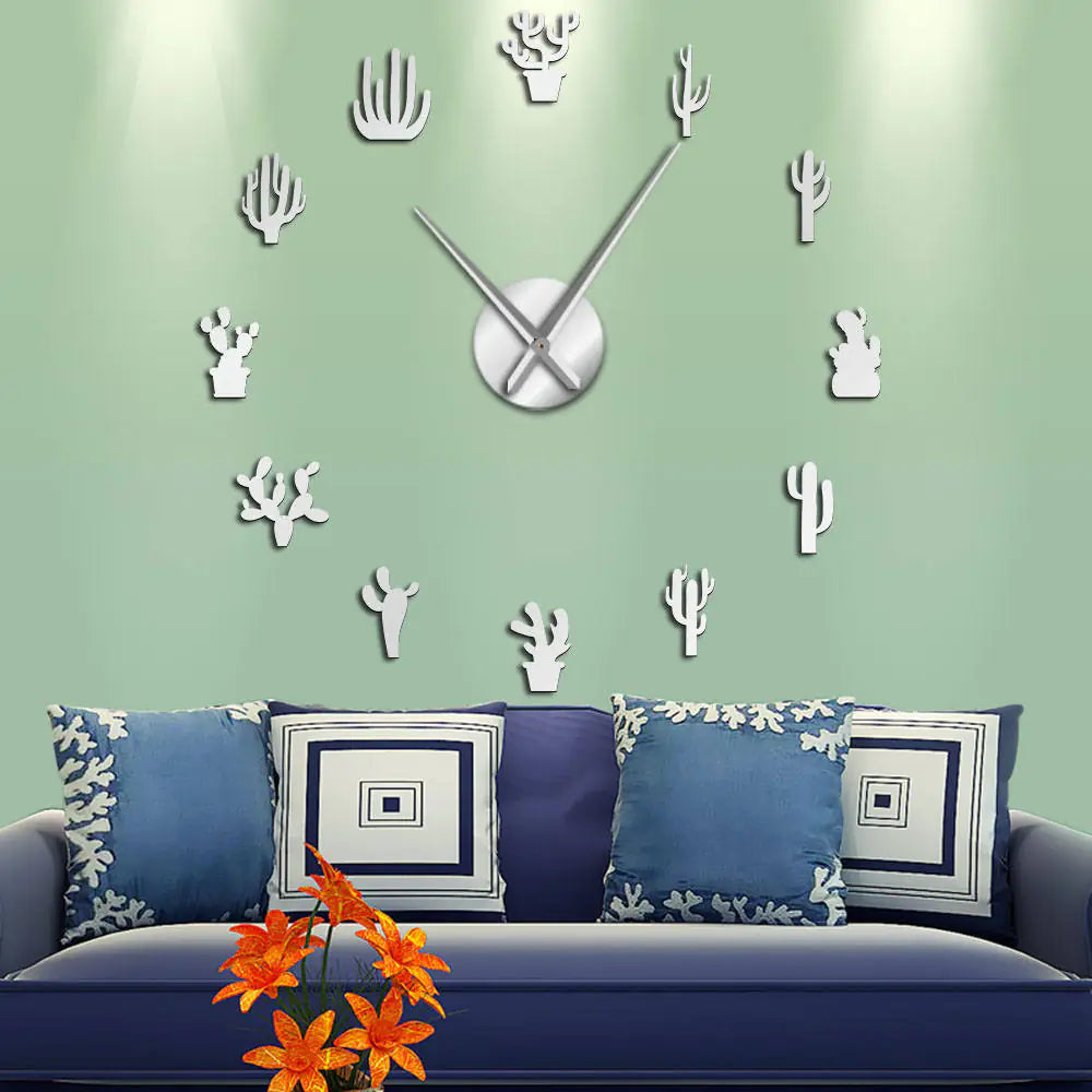 GZ307 Acrylic Mirror Wall Clock - Large Cactus Design