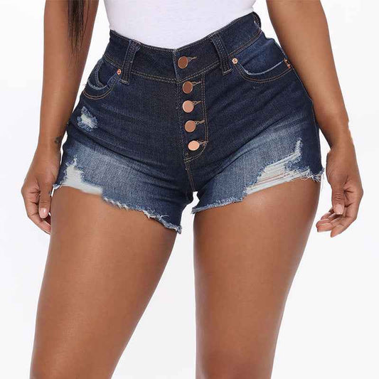 Women's Ripped Denim Shorts with Button Detail