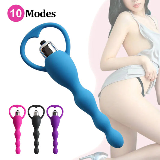 Vibrating Silicone Anal Plug with Beads for Massage