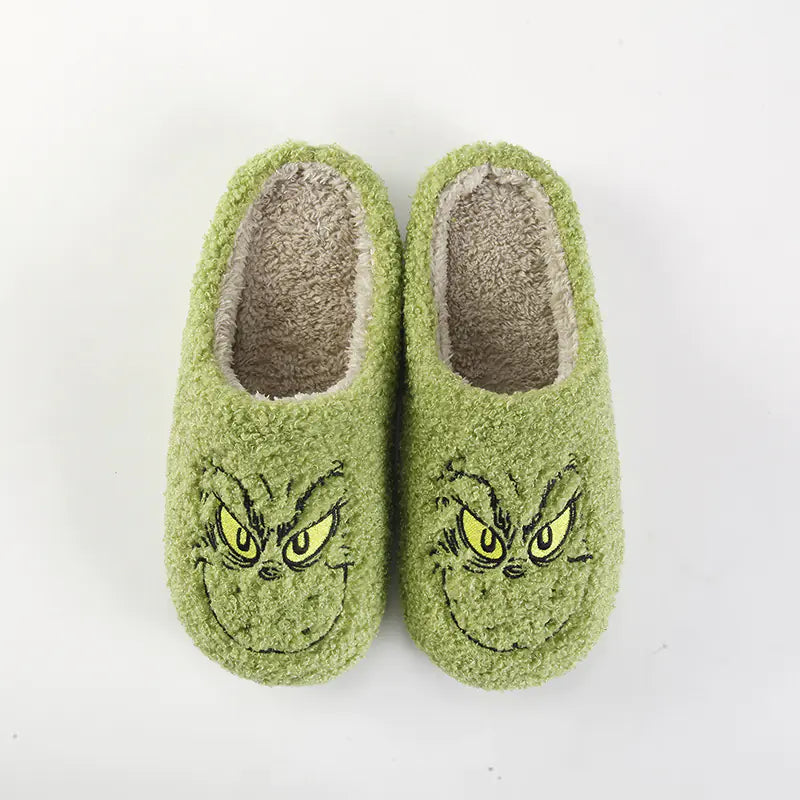 Cozy Grinch-Inspired Winter Cotton Slippers for Couples