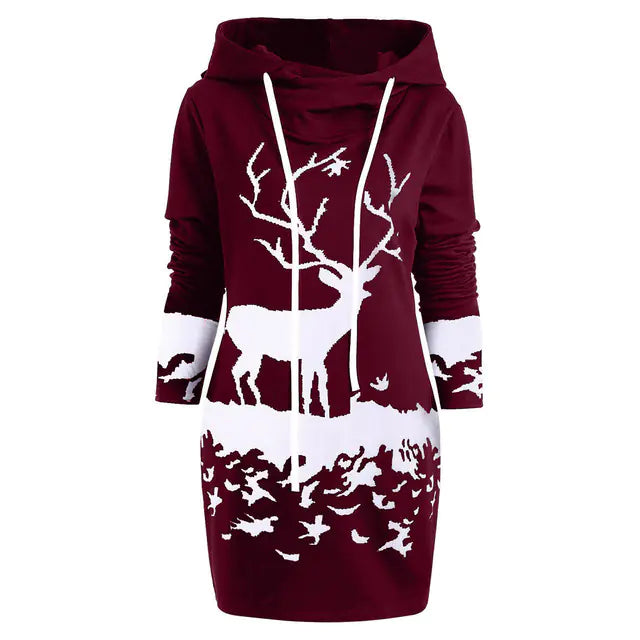 Reindeer Digital Print Christmas Hoodie Dress