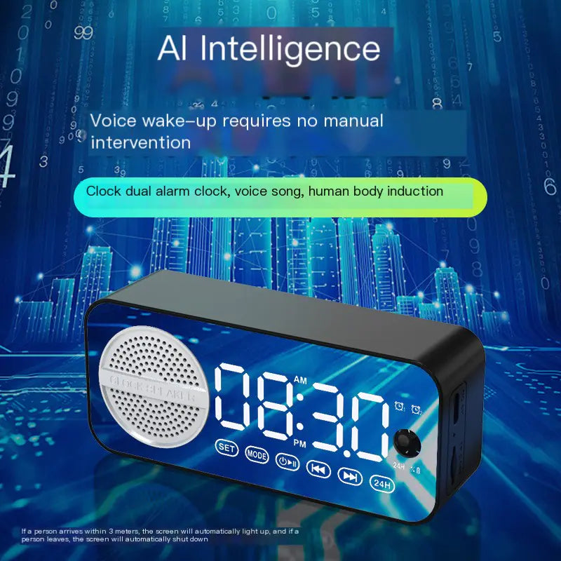 Smart AI Bluetooth Speaker with Mirror Clock Design