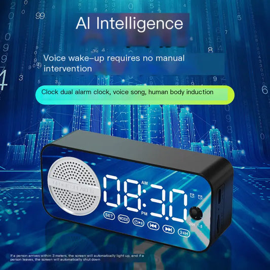 Smart AI Bluetooth Speaker with Mirror Clock Design