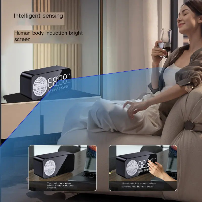 Smart AI Bluetooth Speaker with Mirror Clock Design