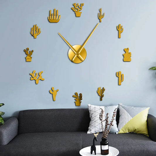 GZ307 Acrylic Mirror Wall Clock - Large Cactus Design