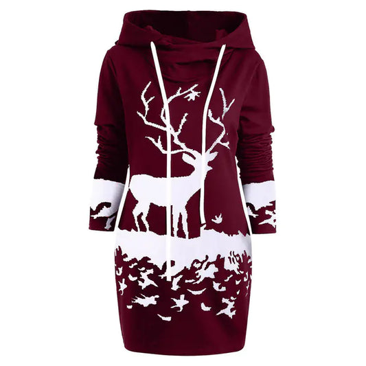 Reindeer Digital Print Christmas Hoodie Dress