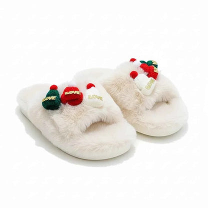 Christmas Hat Decoration Fluffy Women's Slippers