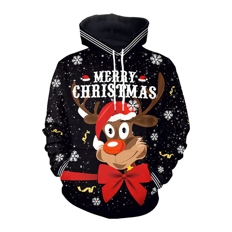 Elk Christmas Couple Hooded Sweater Print