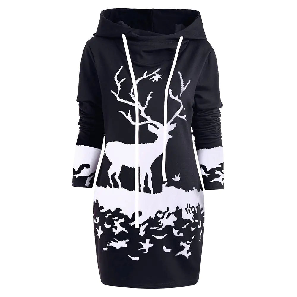 Reindeer Digital Print Christmas Hoodie Dress