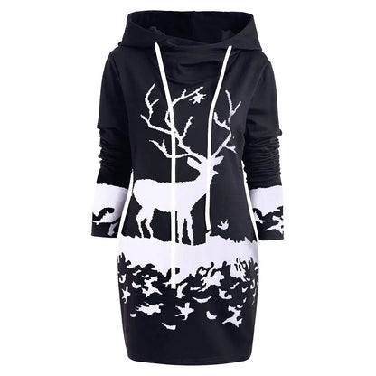 Reindeer Digital Print Christmas Hoodie Dress