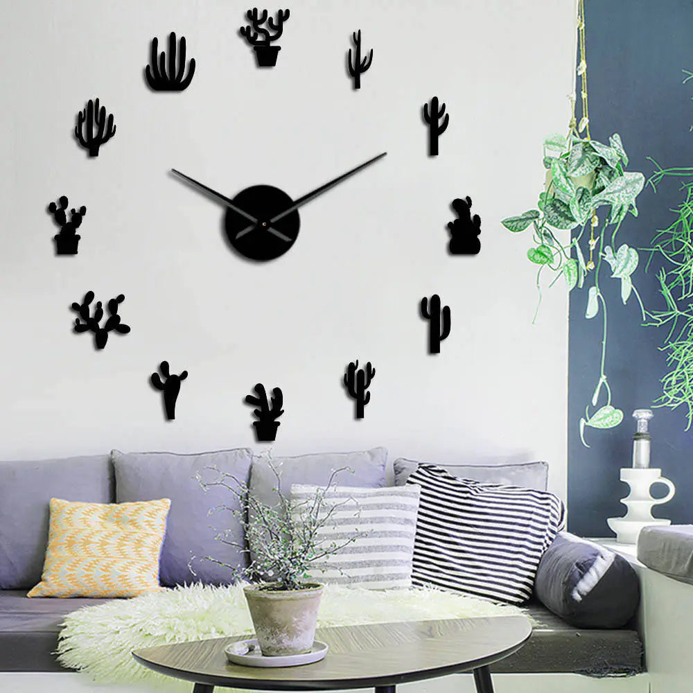 GZ307 Acrylic Mirror Wall Clock - Large Cactus Design