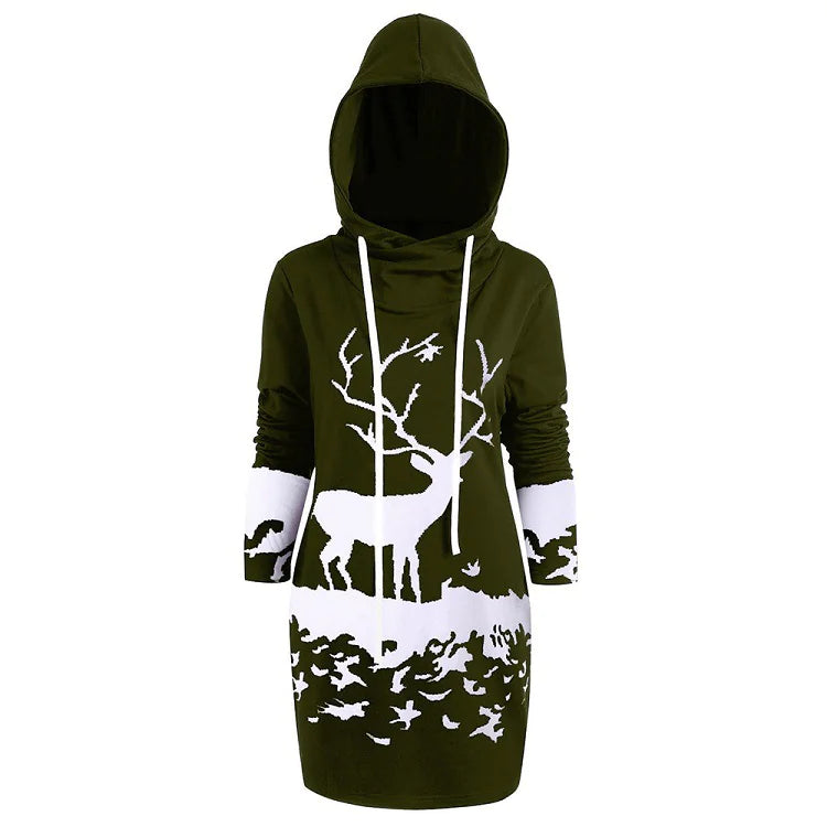 Reindeer Digital Print Christmas Hoodie Dress
