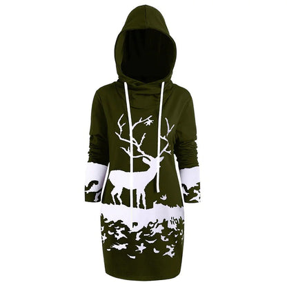 Reindeer Digital Print Christmas Hoodie Dress