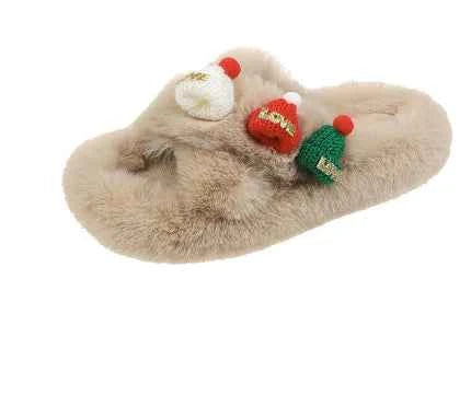 Christmas Hat Decoration Fluffy Women's Slippers