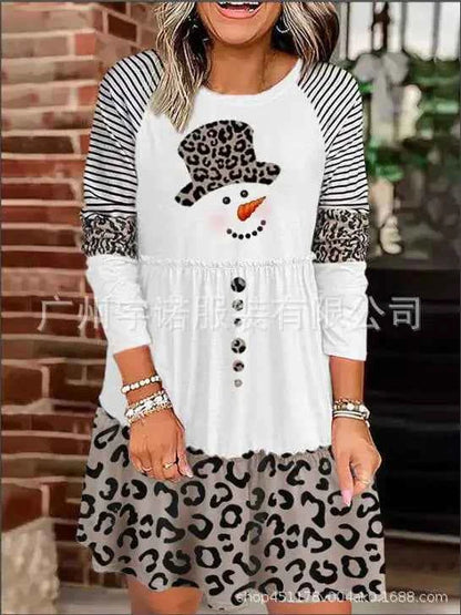 Christmas Print Long Sleeve Pullover Dress
