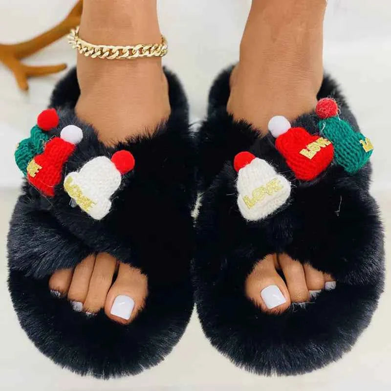 Christmas Hat Decoration Fluffy Women's Slippers