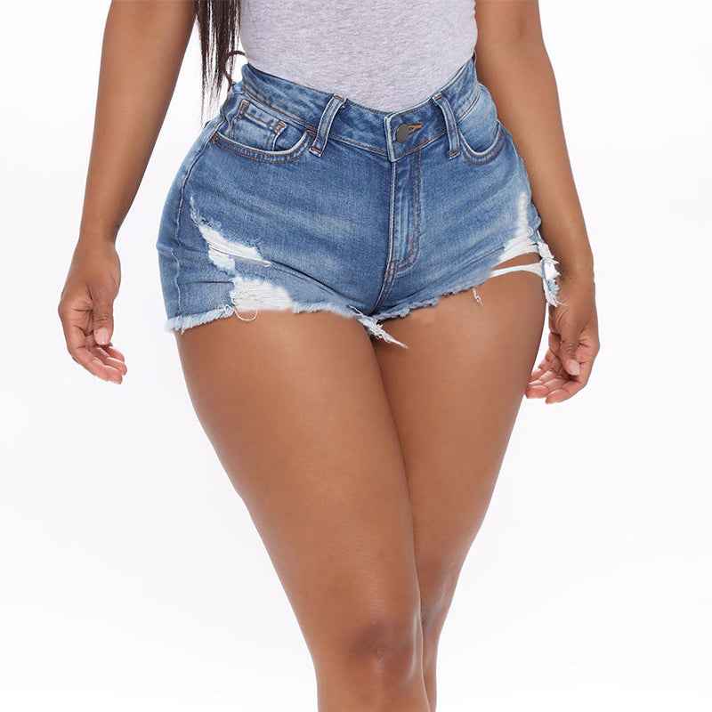 Women's Ripped Denim Shorts with Button Detail