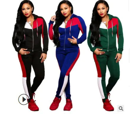 2025 Women's Color Block Hooded Knit Tracksuit Set