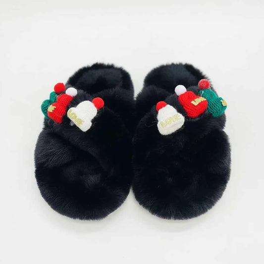 Christmas Hat Decoration Fluffy Women's Slippers