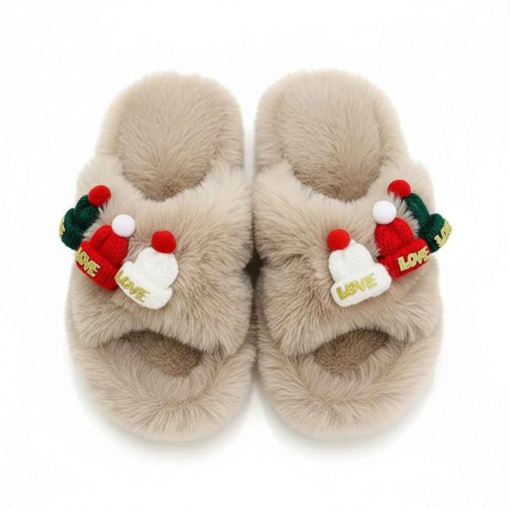 Christmas Hat Decoration Fluffy Women's Slippers