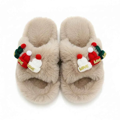 Christmas Hat Decoration Fluffy Women's Slippers