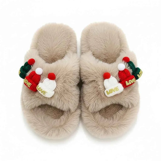 Christmas Hat Decoration Fluffy Women's Slippers